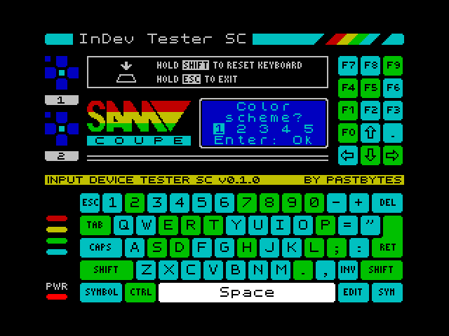 Pantalla de InDev Tester para Sam Coupé